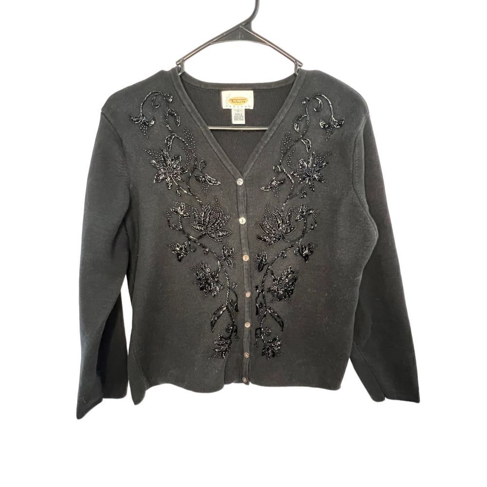 Talbots Black Floral Beaded Cardigan